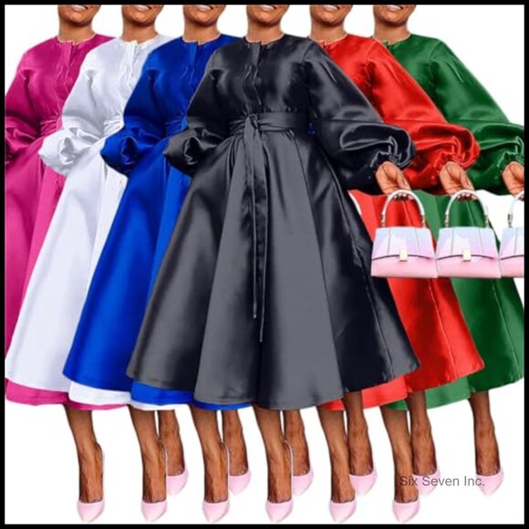 Satin Long Sleeve A Line Maxi Dress with Pockets Semi Formal - Picture 5 of 5